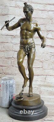 Signed Snake Charmer Bronze Sculpture on Marble Base Art Deco Decorative Figurine