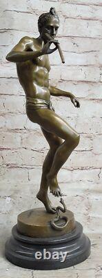 Signed Snake Charmer Bronze Sculpture on Marble Base Art Deco Decorative Figurine
