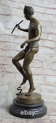Signed Snake Charmer Bronze Sculpture on Marble Base Art Deco Decorative Figurine