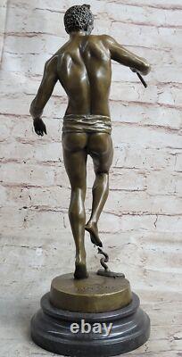 Signed Snake Charmer Bronze Sculpture on Marble Base Art Deco Decorative Figurine