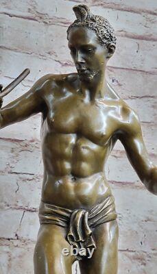 Signed Snake Charmer Bronze Sculpture on Marble Base Art Deco Decorative Figurine