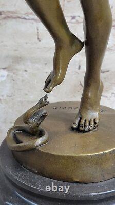 Signed Snake Charmer Bronze Sculpture on Marble Base Art Deco Decorative Figurine