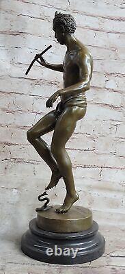 Signed Snake Charmer by Bourgeois Bronze Sculpture Marble Base Figurine