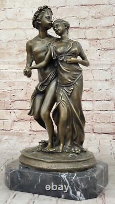 Signed St. Valentine Couple Day Bronze Sculpture Statue on Marble Base, Cast Iron