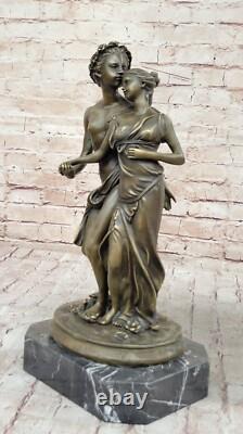 Signed St. Valentine Couple Day Bronze Sculpture Statue on Marble Base, Cast Iron
