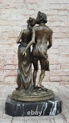 Signed St. Valentine Couple Day Bronze Sculpture Statue on Marble Base, Cast Iron
