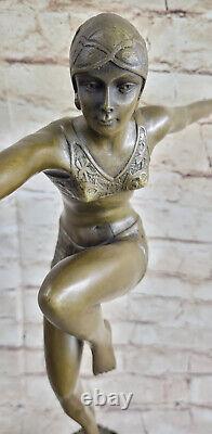 Signed Swimmer Dancer Chiparus Bronze Sculpture Statue on Marble Base