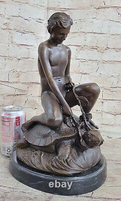 Signed Thank You Dear Boy Riding Turtle Bronze Sculpture Marble Base Decor