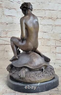 Signed Thank You Dear Boy Riding Turtle Bronze Sculpture Marble Base Decor