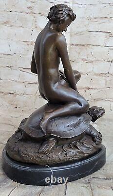 Signed Thank You Dear Boy Riding Turtle Bronze Sculpture Marble Base Decor