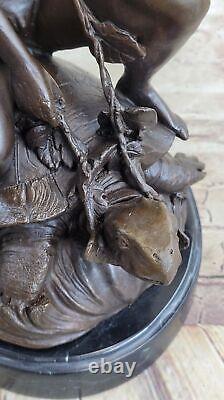 Signed Thank You Dear Boy Riding Turtle Bronze Sculpture Marble Base Decor