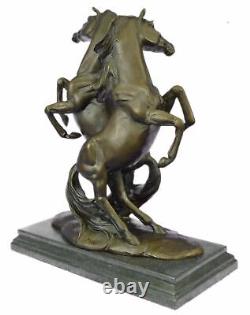 Signed Two Wild Stallion Bronze Horses Marble Statue Base Sculpture Sale