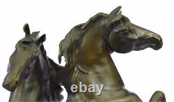 Signed Two Wild Stallion Bronze Horses Marble Statue Base Sculpture Sale