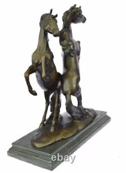 Signed Two Wild Stallion Bronze Horses Marble Statue Marble Base Sculpture Art