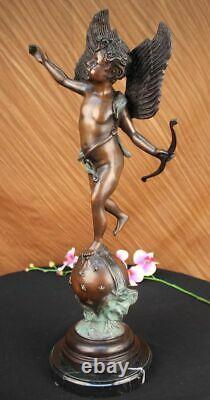 Signed Valentine Day Cupid Bronze Statue On Marble Base Hot Gift