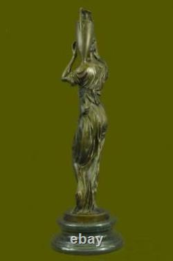 Signed Victorian Lady Porter With Eau Cruche Bronze Sculpture Marble Base Figure