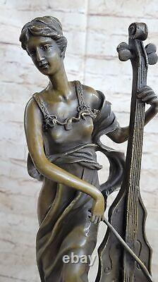 Signed Victorien Playing Cello Bronze Marble Sculpture Statue Art