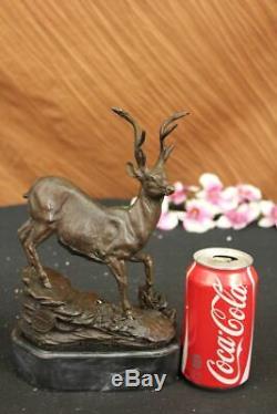 Signed Villanis Buck Buck Deer Hunting Deer Bronze Sculpture Marble Base Figurine