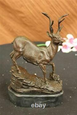 Signed Villanis Buck Male Reindeer Hunting Deer Bronze Sculpture Marble Base Figure