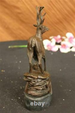Signed Villanis Buck Male Reindeer Hunting Deer Bronze Sculpture Marble Base Figure