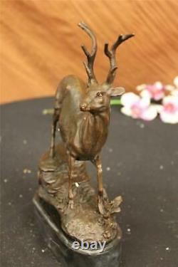 Signed Villanis Buck Male Renne Hunting Bronze Cerf Sculpture Marble Base Figure