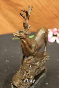 Signed Villanis Buck Male Renne Hunting Bronze Cerf Sculpture Marble Base Figure