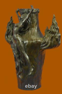 Signed Vintage Flesh Nymph Art Statue Bronze Vase Marble Base Top 13