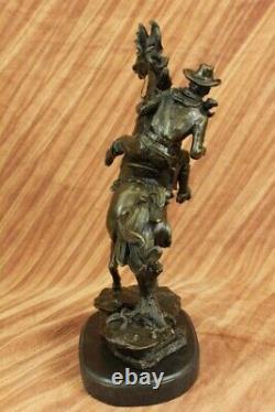 Signed West Cowboy With Throning Horse Bronze Sculpture Marble Base Fonte