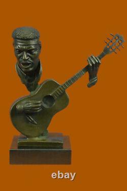 Signed Williams Abstract Man Play Bronze Guitar Bust Sculpture Marble Base