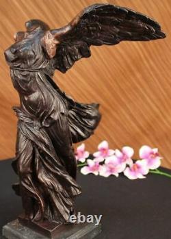Signed Winged De Victoire Samothrace Bronze Sculpture On Marble Base Figure