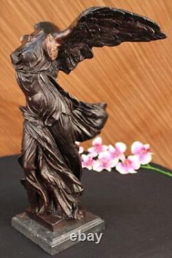 Signed Winged Victory of Samothrace Bronze Sculpture on Marble Base Figurine