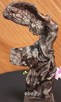 Signed Winged Victory of Samothrace Bronze Sculpture on Marble Base Figurine