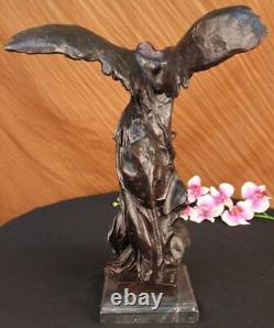 Signed Winged Victory of Samothrace Bronze Sculpture on Marble Base Figurine