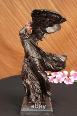 Signed Winged Victory of Samothrace Bronze Sculpture on Marble Base Figurine