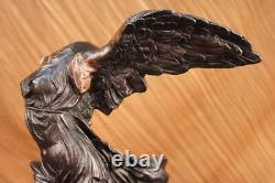 Signed Winged Victory of Samothrace Bronze Sculpture on Marble Base Figurine