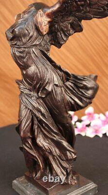 Signed Winged Victory of Samothrace Bronze Sculpture on Marble Base Figurine