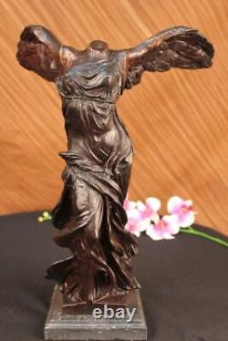 Signed Winged Victory of Samothrace Bronze Sculpture on Marble Base Figurine