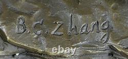 Signed Zhang Two Horse Bronze Sculpture Marble Base Statue Opens Deal