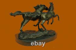 Signed Zhang Two Race Horses Bronze Sculpture Marble Base Art Statue Fonte