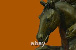 Signed Zhang Two Race Horses Bronze Sculpture Marble Base Art Statue Fonte