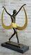 Signed C. Mirval, Bronze Art Deco Dancing Girl Sculpture Marble Base Chair