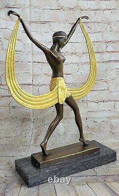 Signed c. Mirval, Bronze Art Deco Dancing Girl Sculpture Marble Base Chair