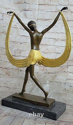 Signed c. Mirval, Bronze Art Deco Dancing Girl Sculpture Marble Base Chair