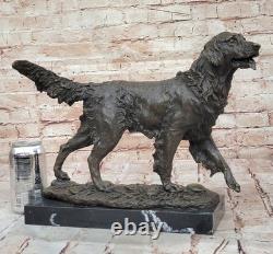 Solid Bronze Golden Retriever Statue Signed Barye, Marble Decor, Art Deco