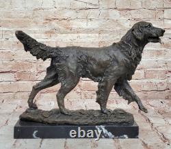 Solid Bronze Golden Retriever Statue Signed Barye, Marble Decor, Art Deco