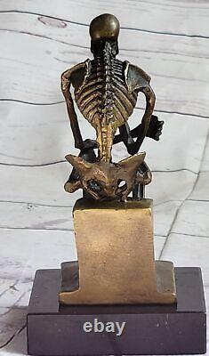 Solid Bronze Modern Art Thinker Skeleton Signed Milo Cast Marble Opens