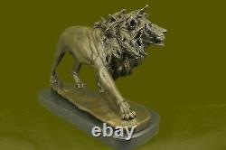 Source Sculpture Signed Bronze Royal Lion Statue Sculpture Bust Marble Base Decor