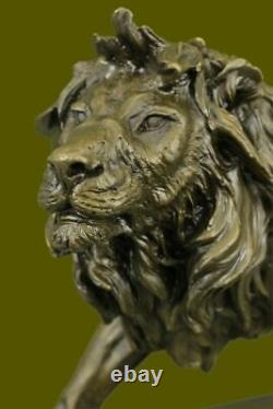 Source Sculpture Signed Bronze Royal Lion Statue Sculpture Bust Marble Base Decor