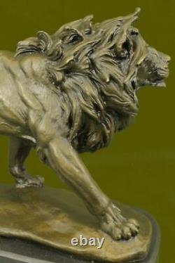 Source Sculpture Signed Bronze Royal Lion Statue Sculpture Bust Marble Base Decor