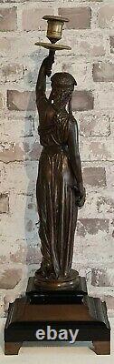 Statue Candelabre Bronze Antique Woman On Marble Signed Bouret XIX E High 60 Cms
